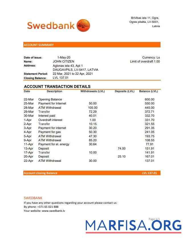 Blank Latvia Swedbank bank statement excel example